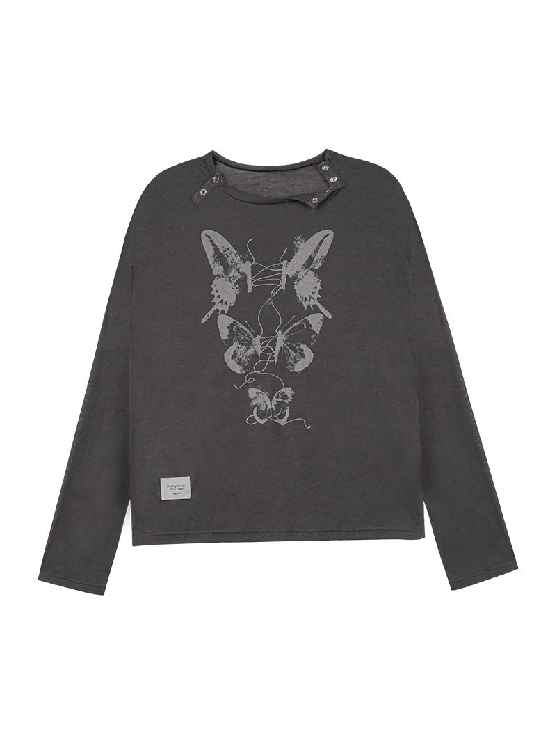 Butterfly Graphic Button-Neck Knit Top