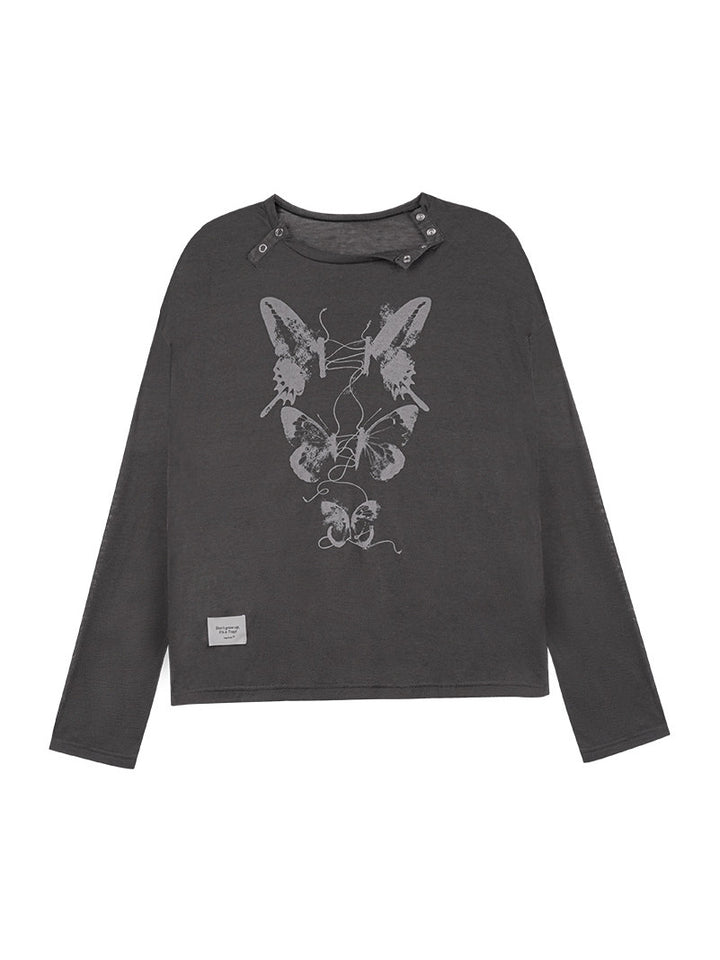 Butterfly Graphic Button-Neck Knit Top