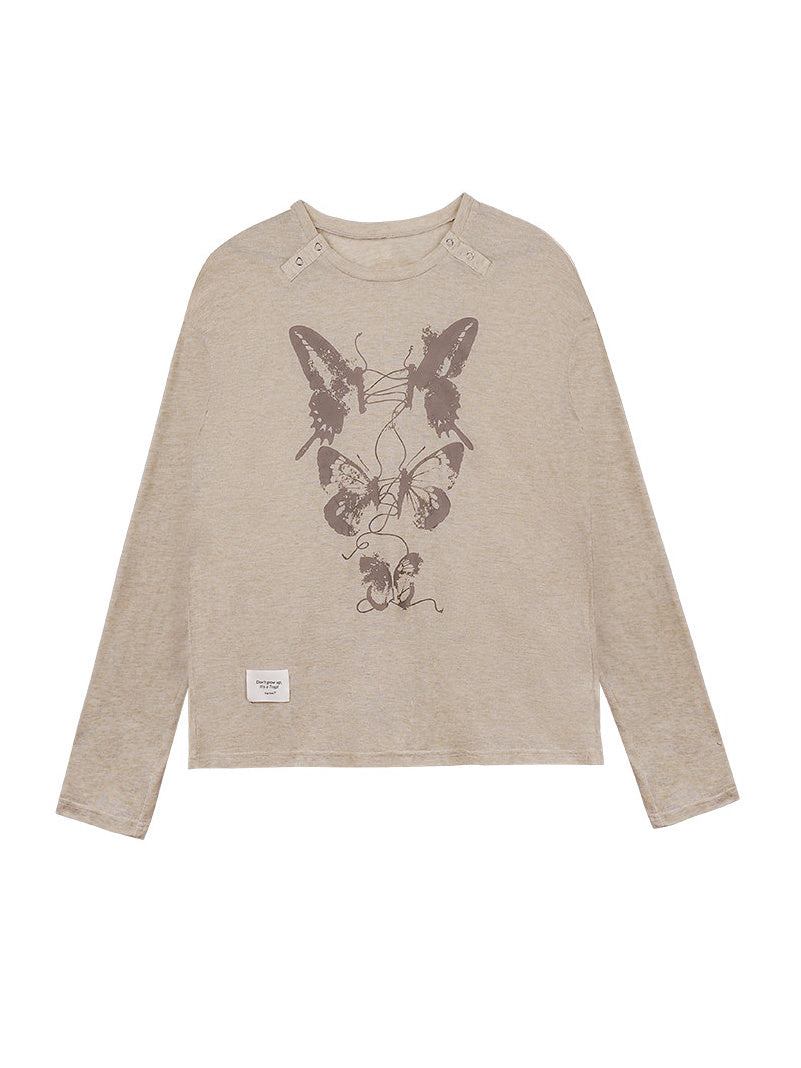 Butterfly Graphic Button-Neck Knit Top