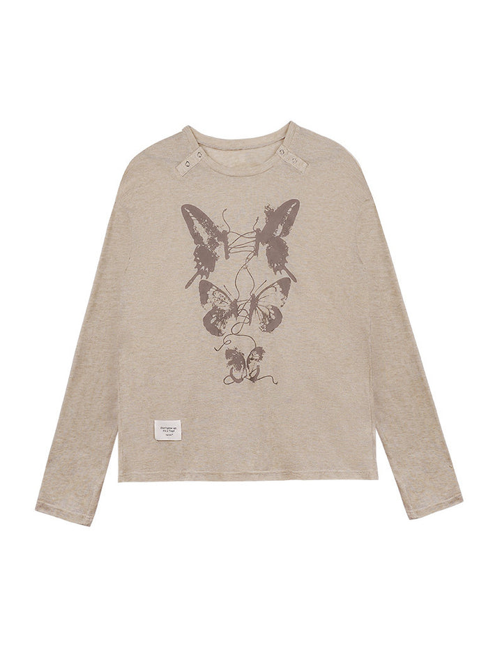 Butterfly Graphic Button-Neck Knit Top