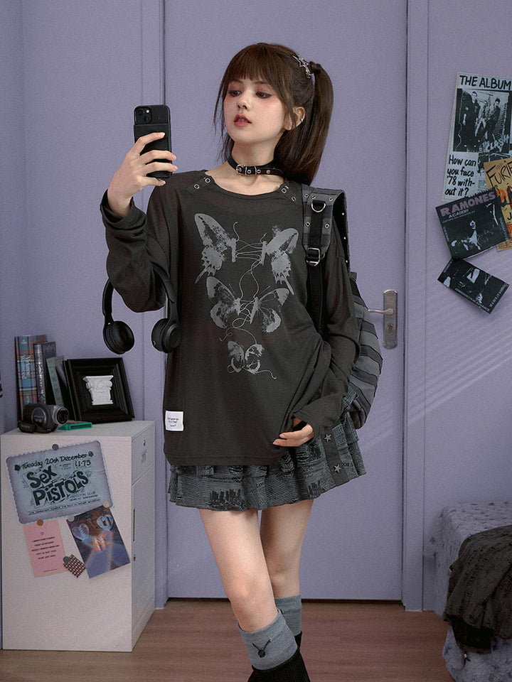 Butterfly Graphic Button-Neck Knit Top