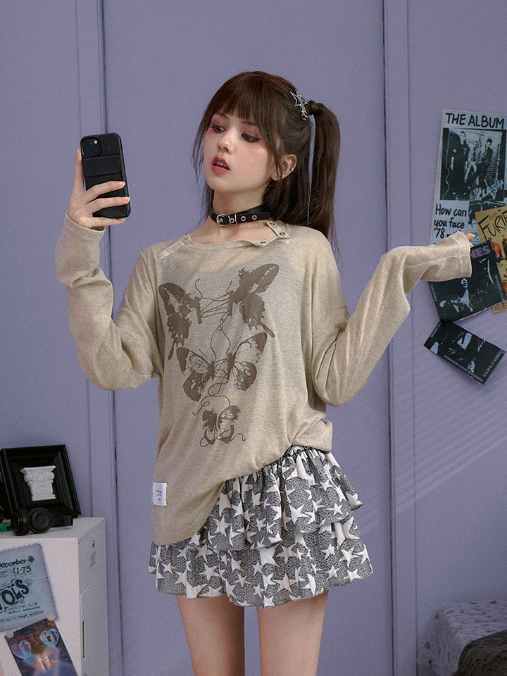 Butterfly Graphic Button-Neck Knit Top