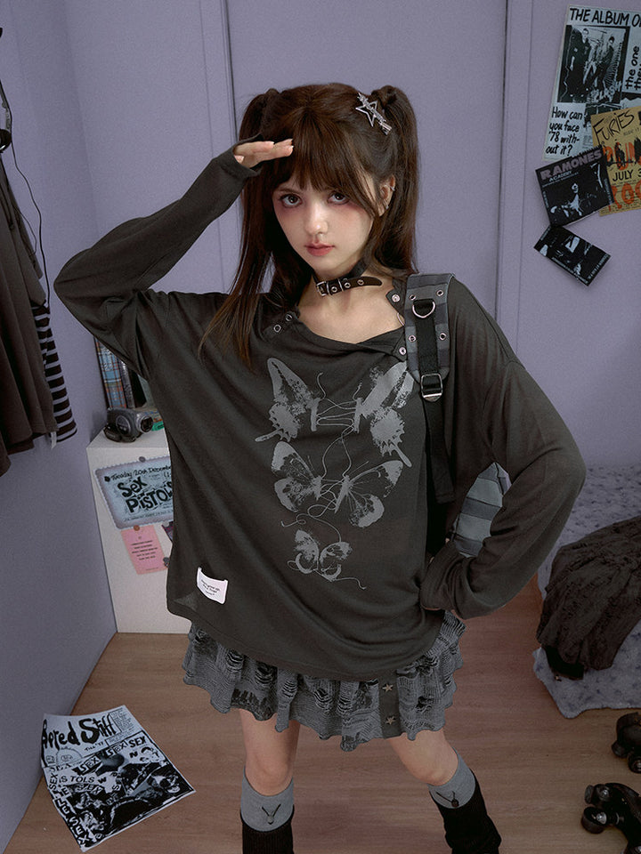 Butterfly Graphic Button-Neck Knit Top