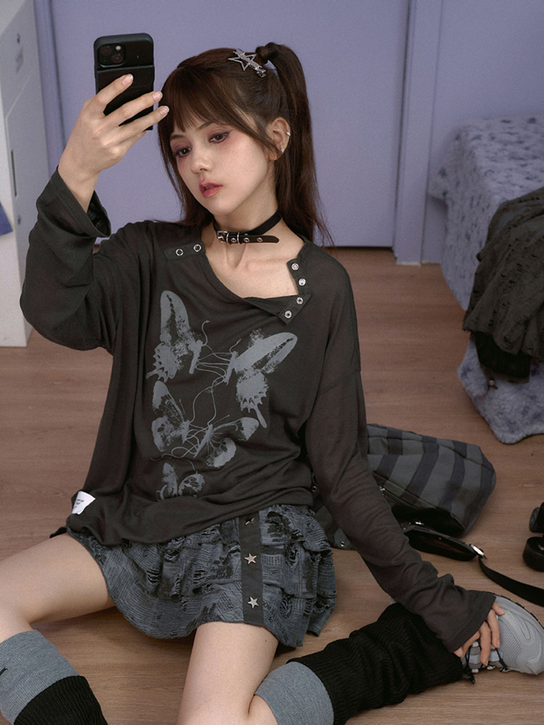 Butterfly Graphic Button-Neck Knit Top