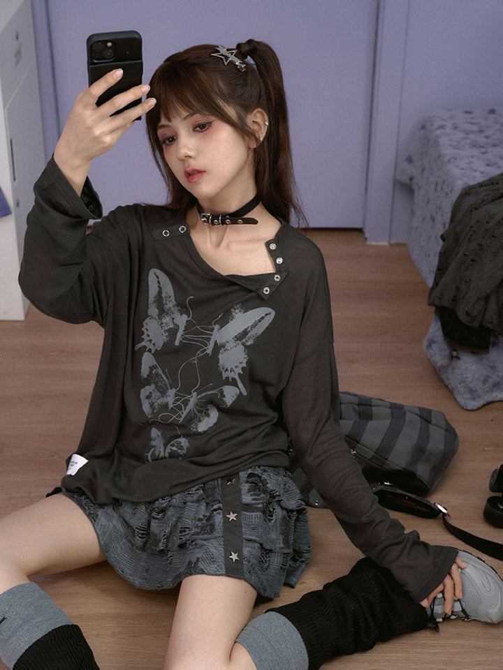 Butterfly Graphic Button-Neck Knit Top