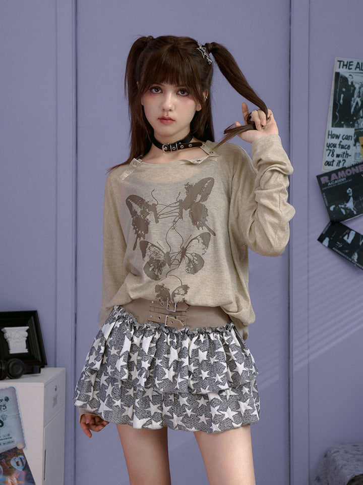 Butterfly Graphic Button-Neck Knit Top