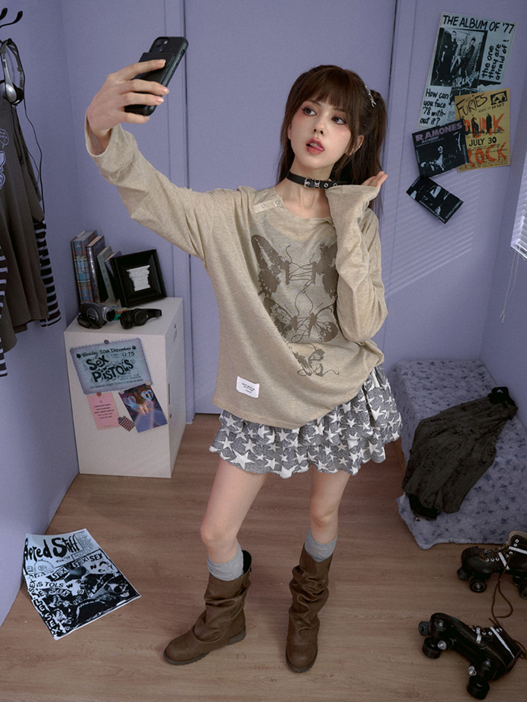 Butterfly Graphic Button-Neck Knit Top