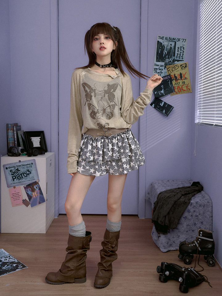 Butterfly Graphic Button-Neck Knit Top