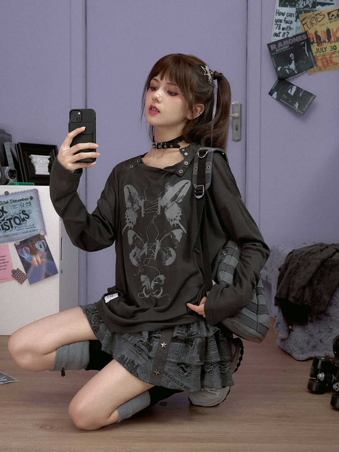 Butterfly Graphic Button-Neck Knit Top