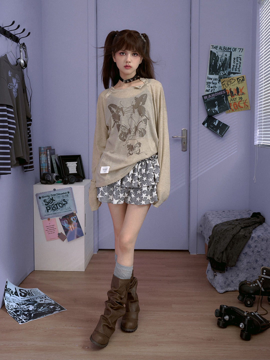 Butterfly Graphic Button-Neck Knit Top