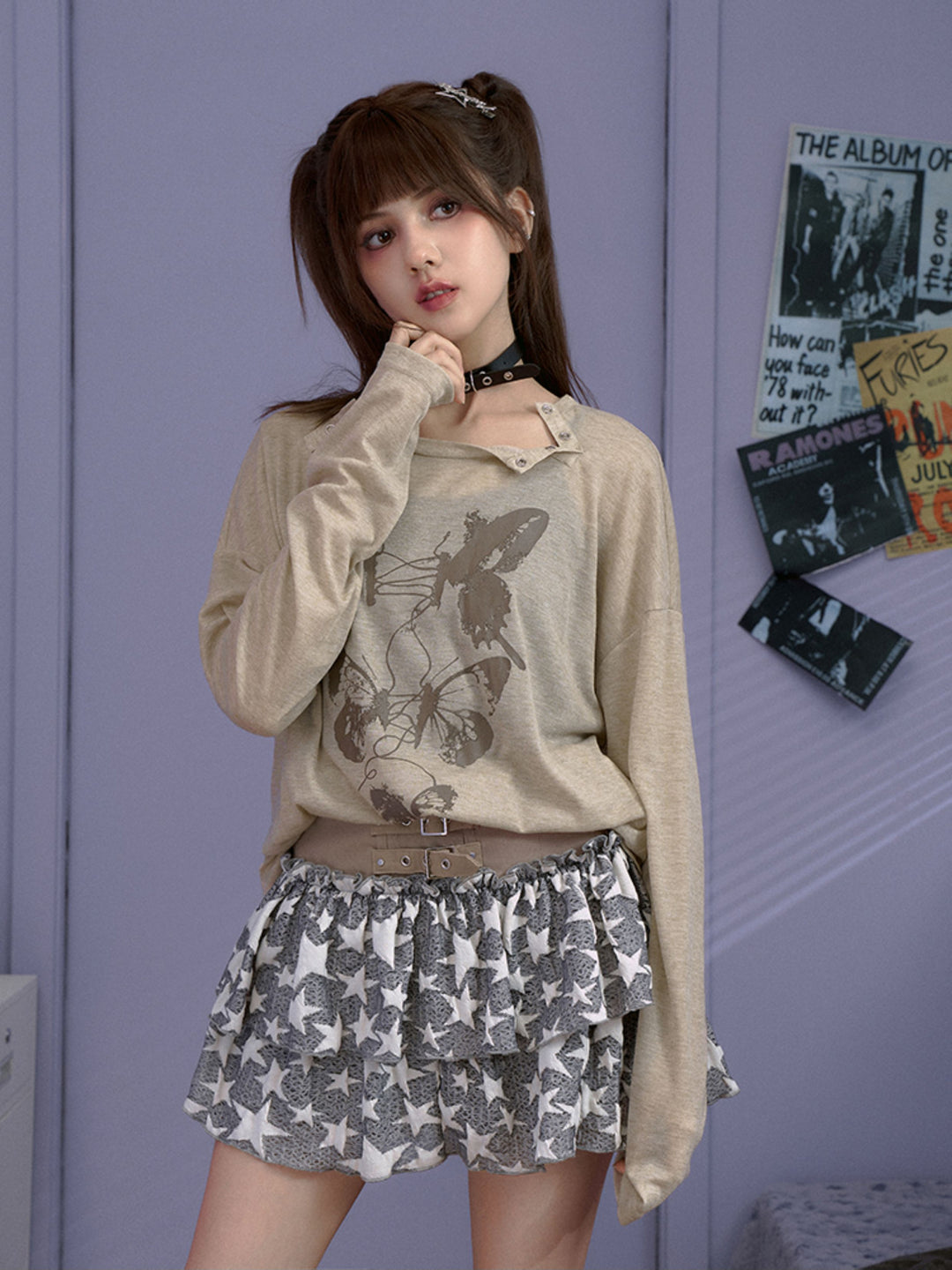 Butterfly Graphic Button-Neck Knit Top