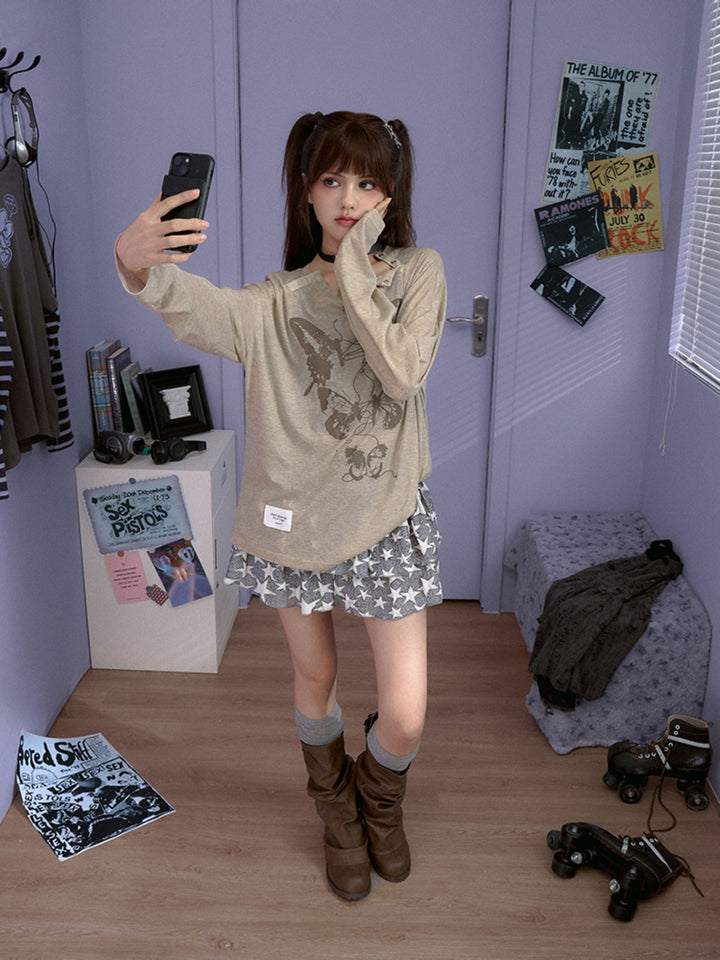 Butterfly Graphic Button-Neck Knit Top