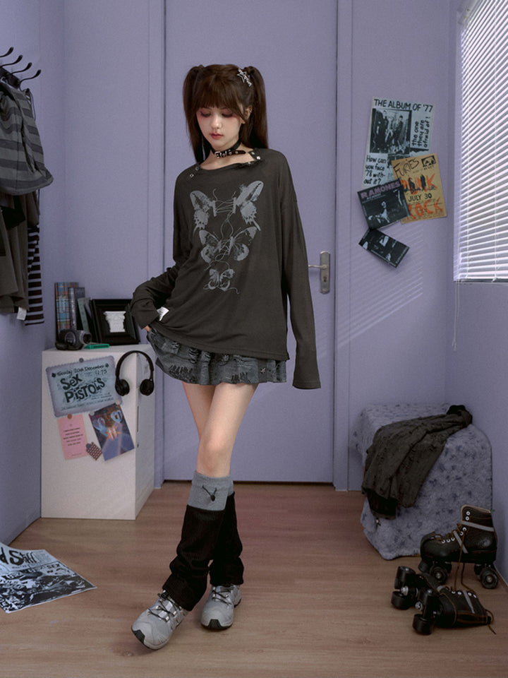 Butterfly Graphic Button-Neck Knit Top
