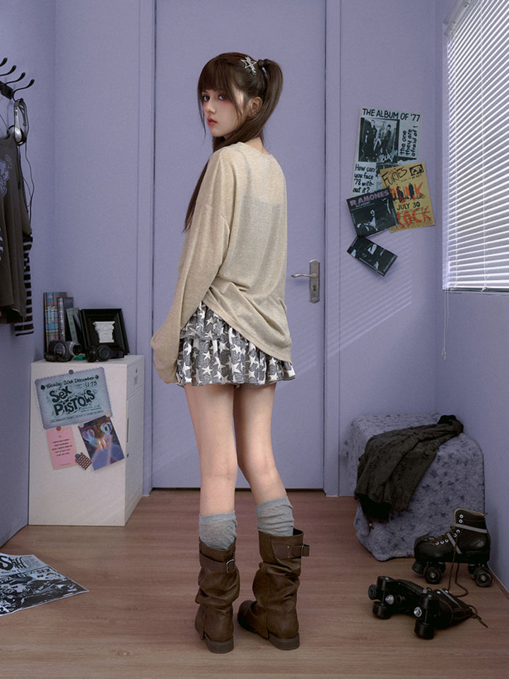 Butterfly Graphic Button-Neck Knit Top