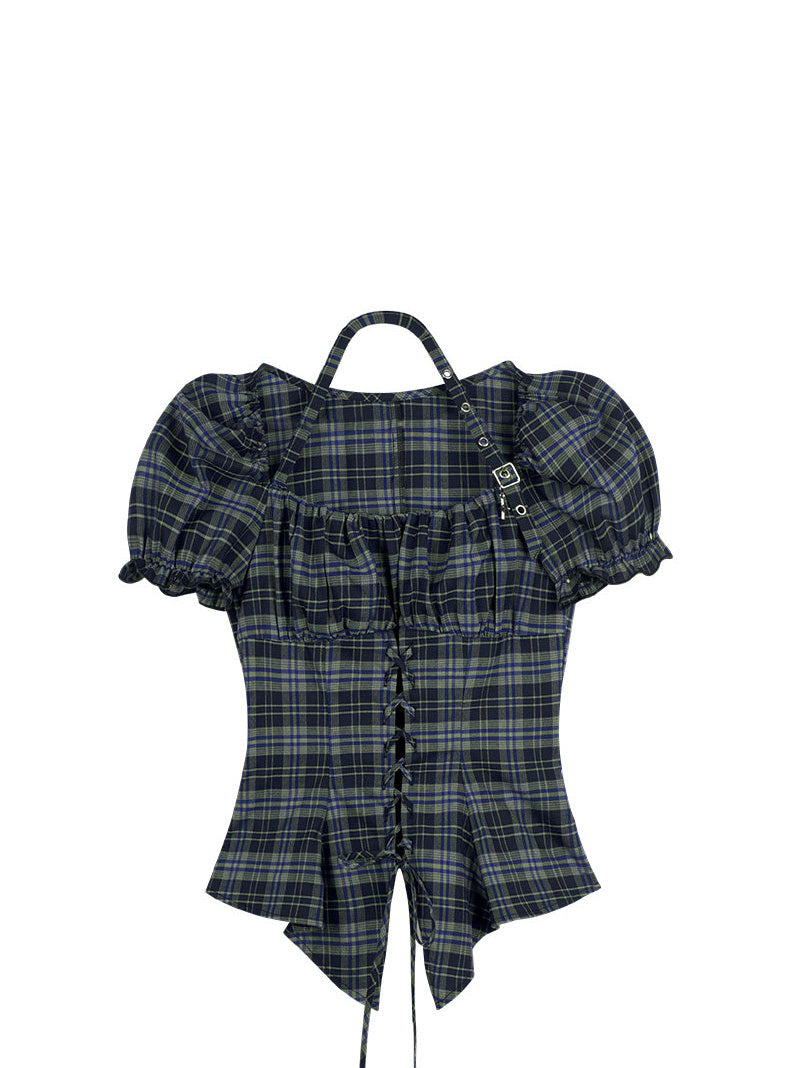 Green Plaid Lace-Up Puff Sleeve Shirt