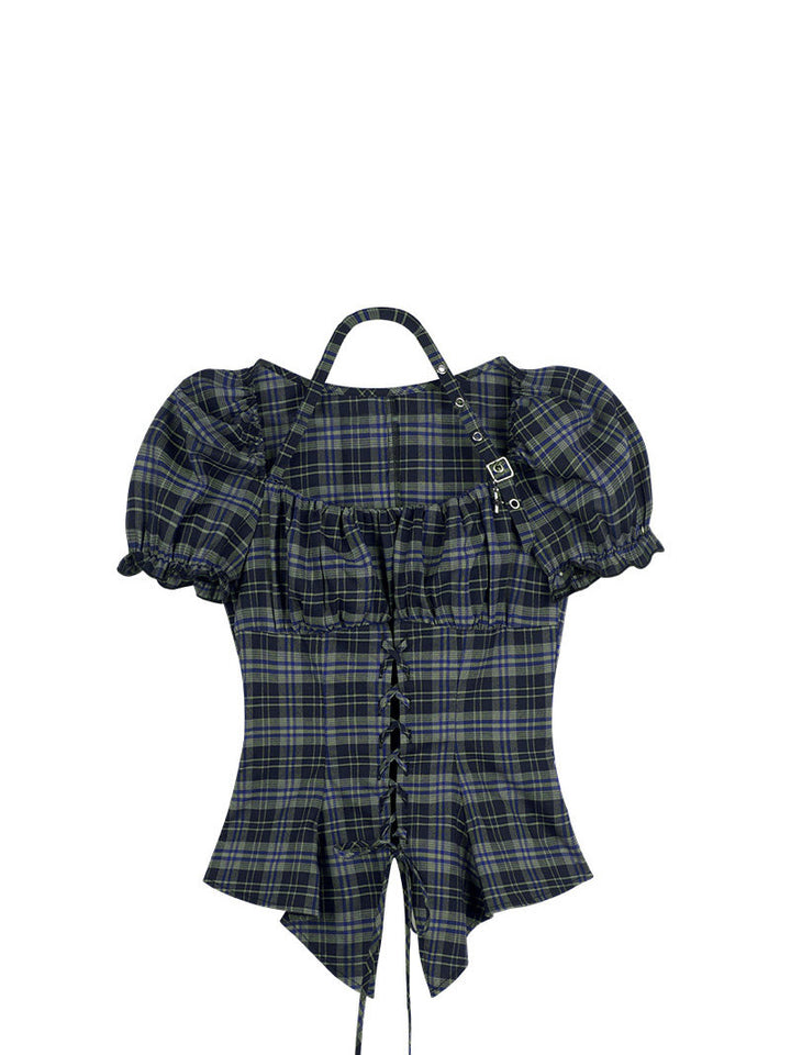 Green Plaid Lace-Up Puff Sleeve Shirt