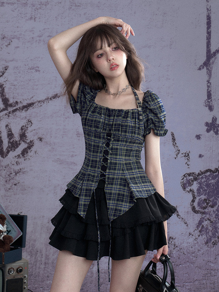 Green Plaid Lace-Up Puff Sleeve Shirt