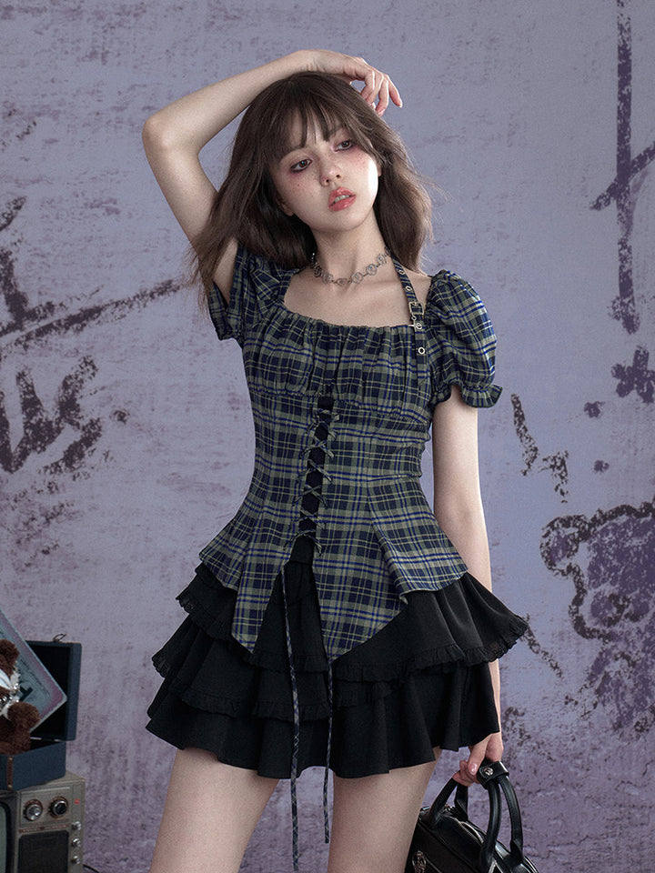 Green Plaid Lace-Up Puff Sleeve Shirt