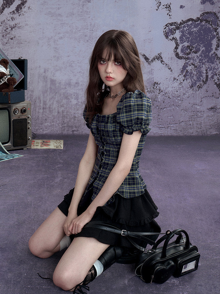Green Plaid Lace-Up Puff Sleeve Shirt