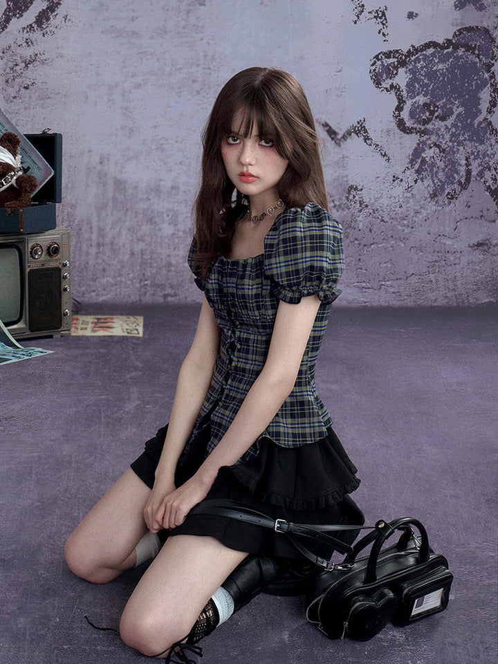 Green Plaid Lace-Up Puff Sleeve Shirt