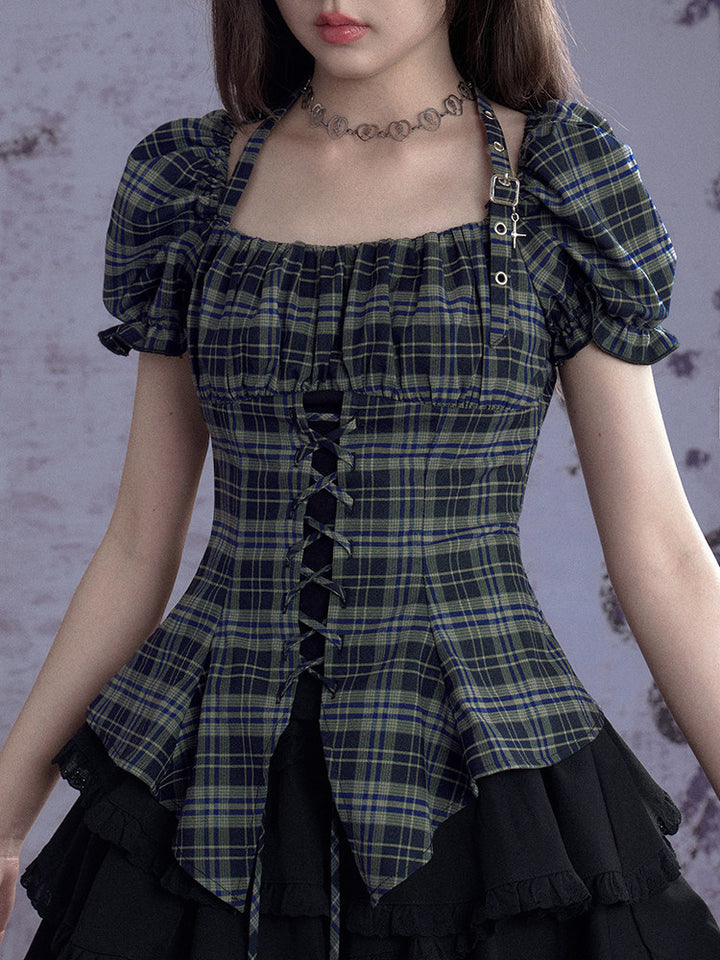 Green Plaid Lace-Up Puff Sleeve Shirt