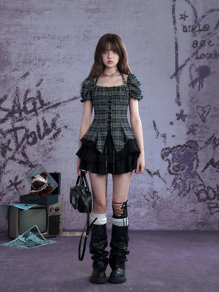 Green Plaid Lace-Up Puff Sleeve Shirt