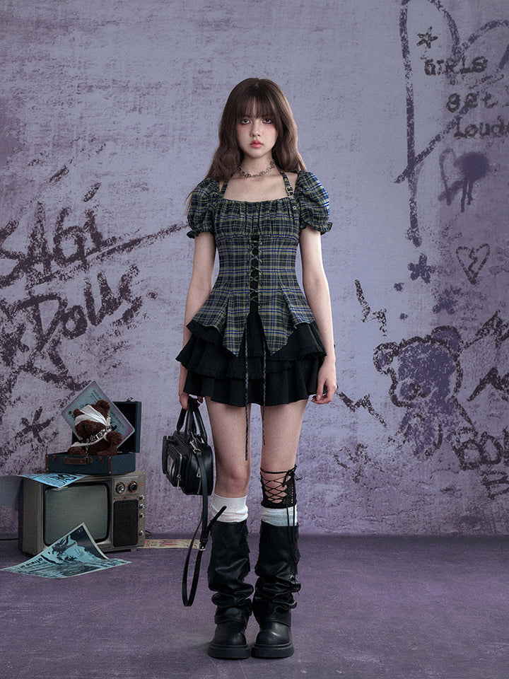 Green Plaid Lace-Up Puff Sleeve Shirt