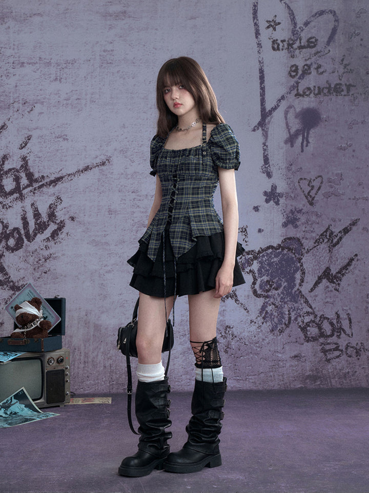 Green Plaid Lace-Up Puff Sleeve Shirt
