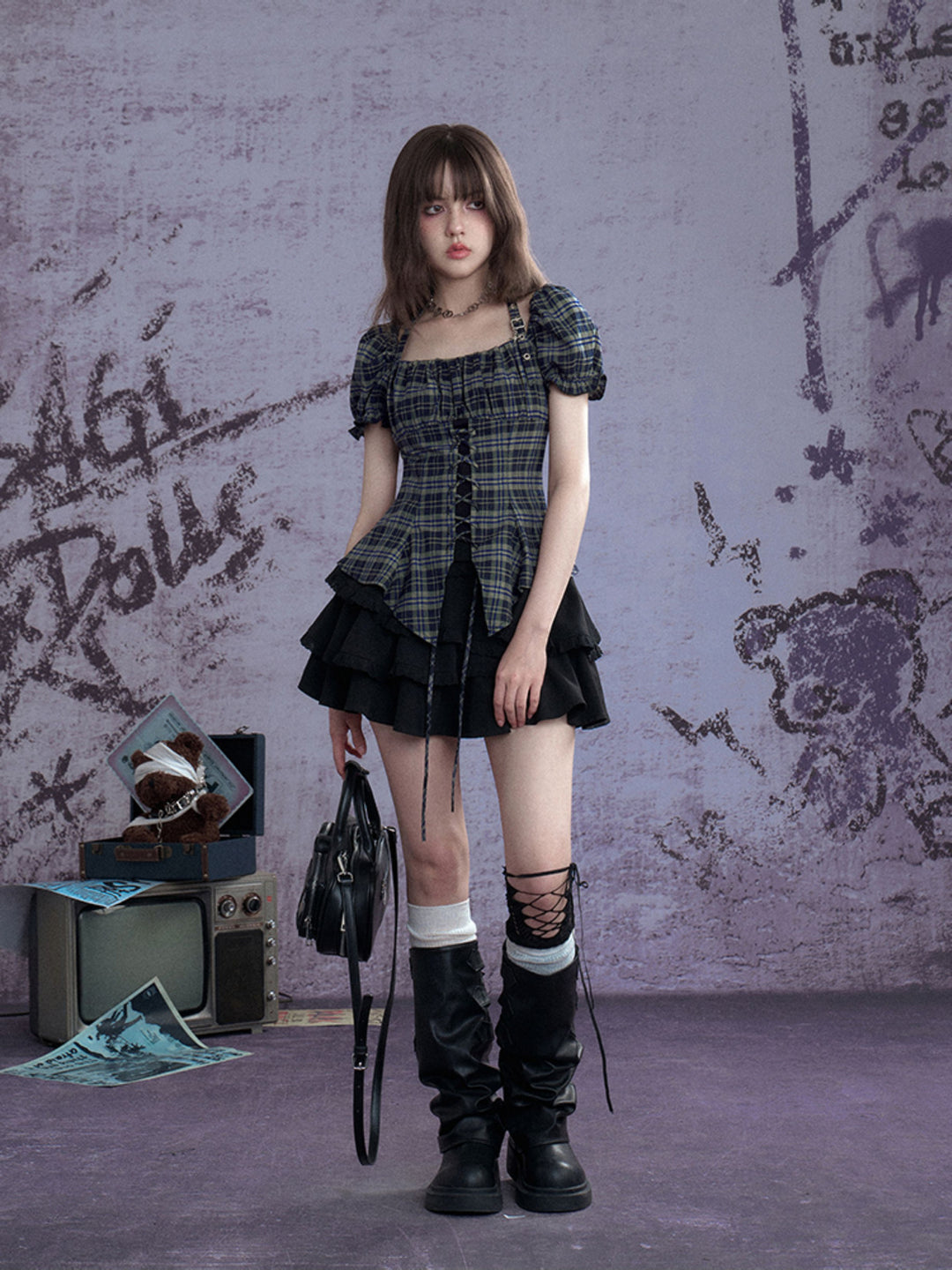 Green Plaid Lace-Up Puff Sleeve Shirt