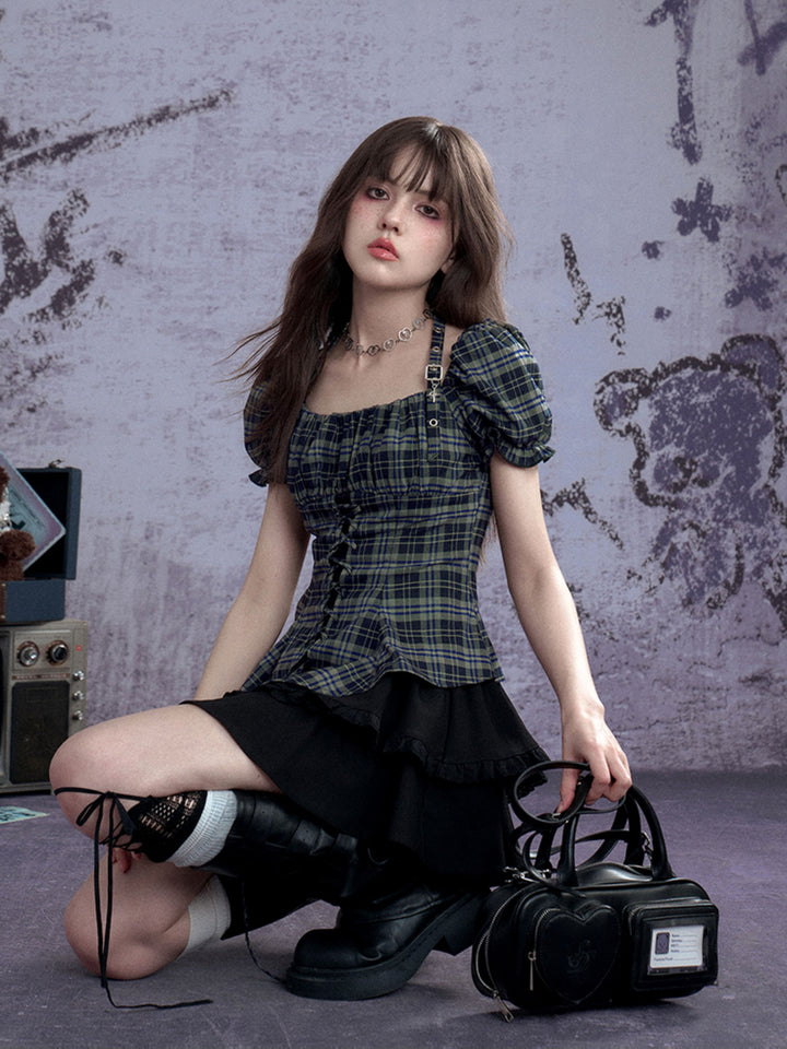 Green Plaid Lace-Up Puff Sleeve Shirt