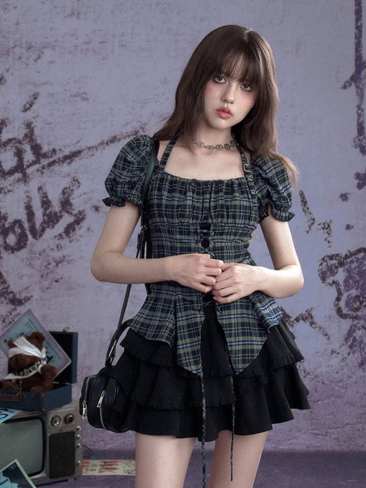 Green Plaid Lace-Up Puff Sleeve Shirt