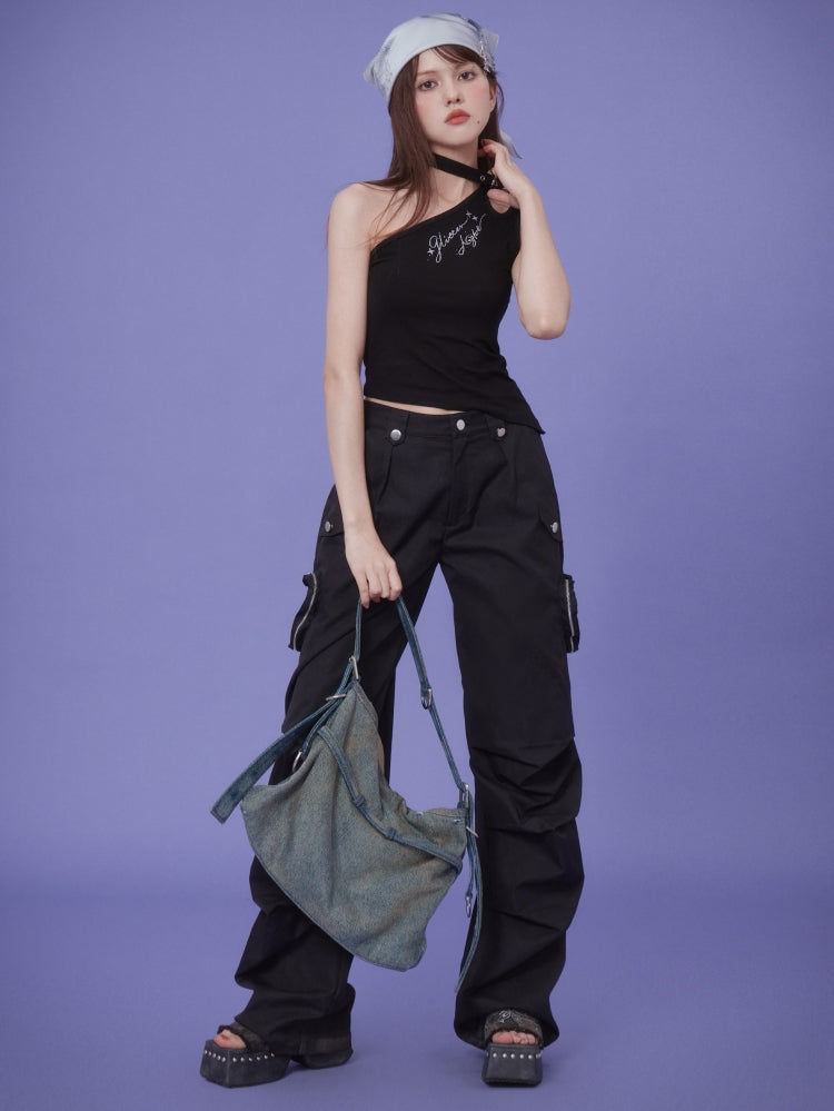 Black off-shoulder spicy girl irregular tank top