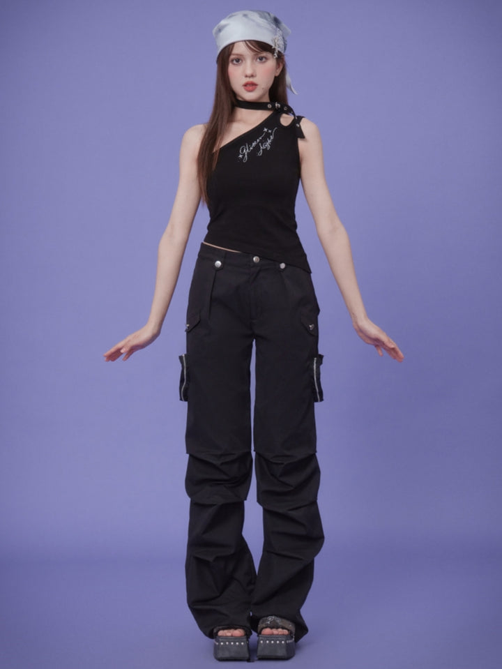 Black off-shoulder spicy girl irregular tank top