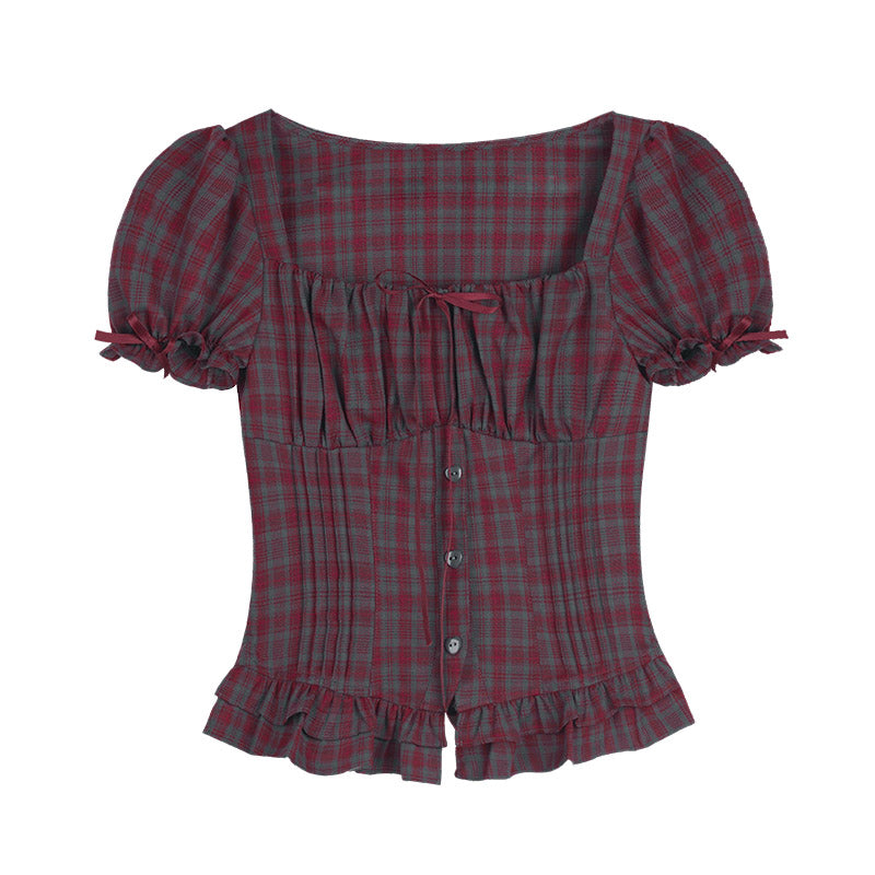 Red-gray plaid puff short-sleeve top