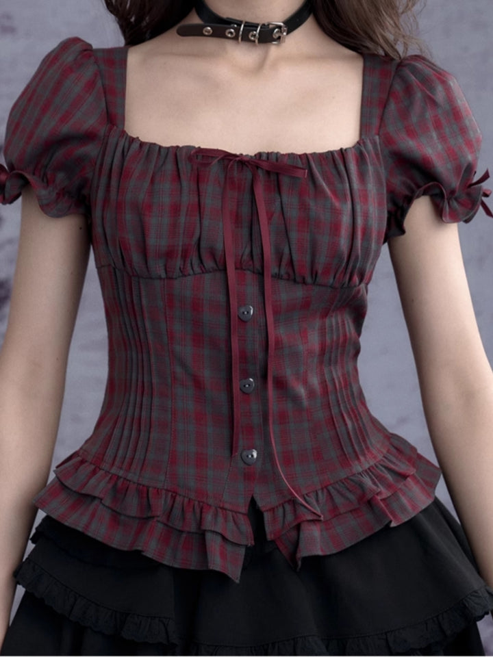 Red-gray plaid puff short-sleeve top