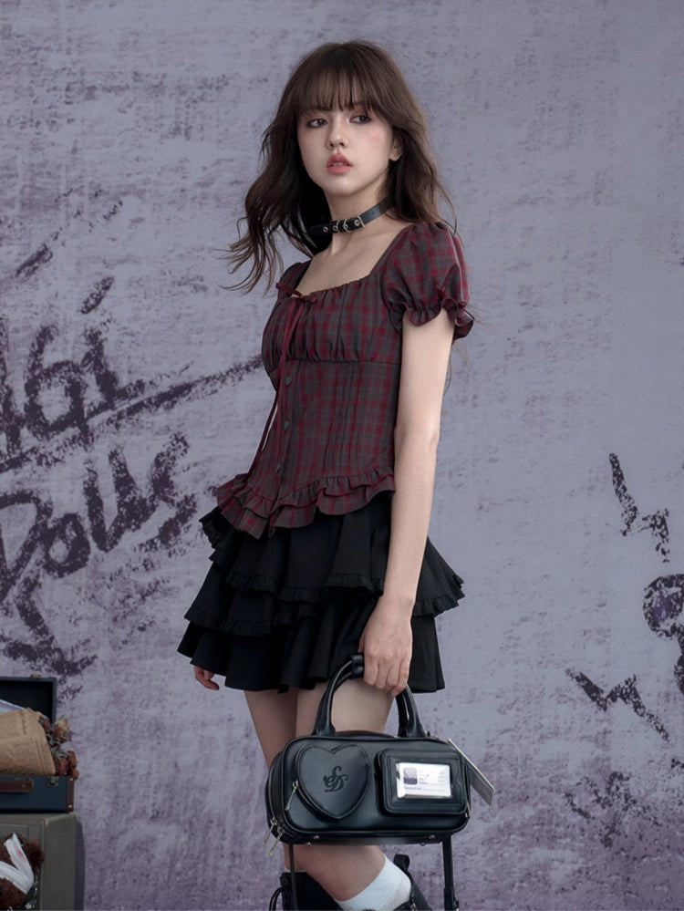 Red-gray plaid puff short-sleeve top
