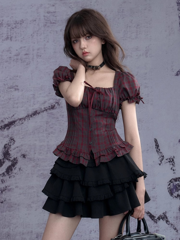 Red-gray plaid puff short-sleeve top
