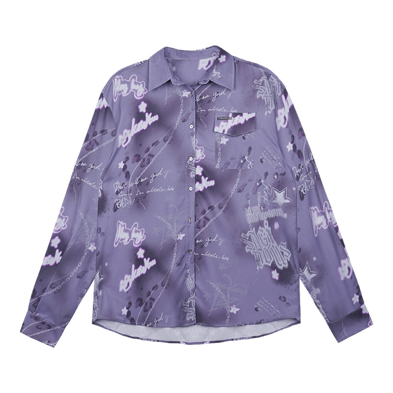 Edgy Purple Graffiti Print Oversized Shirt