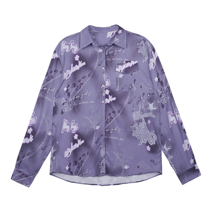 Edgy Purple Graffiti Print Oversized Shirt