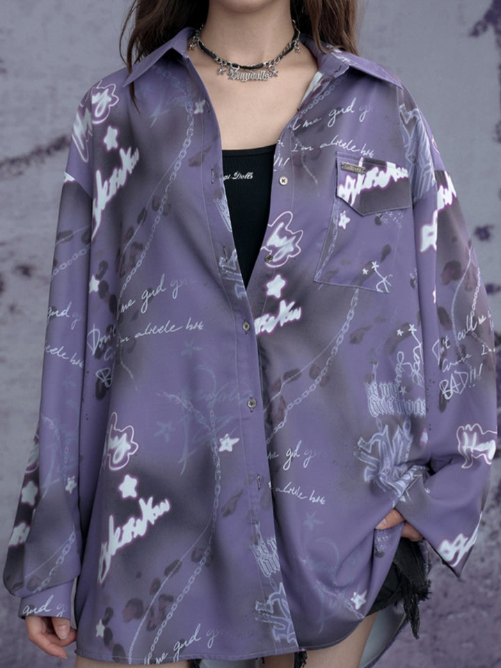 Edgy Purple Graffiti Print Oversized Shirt