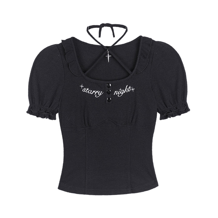 Dark Halter-Neck Puff-Sleeve Summer Top