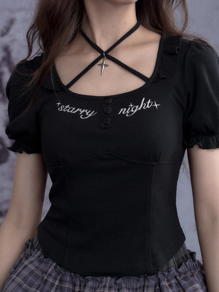 Dark Halter-Neck Puff-Sleeve Summer Top