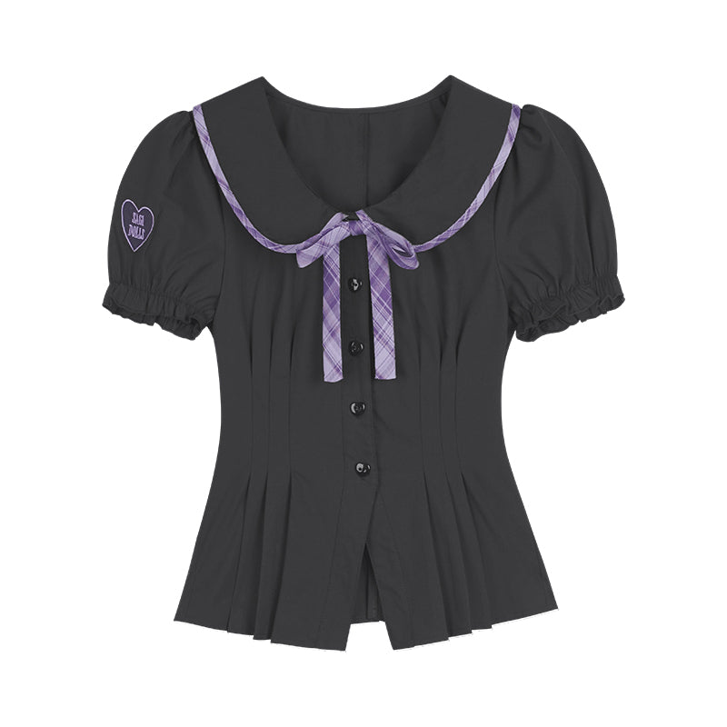 Black-Purple Plaid Puff Short-Sleeve Top