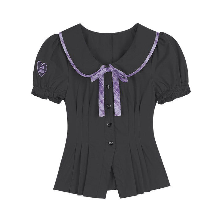 Black-Purple Plaid Puff Short-Sleeve Top