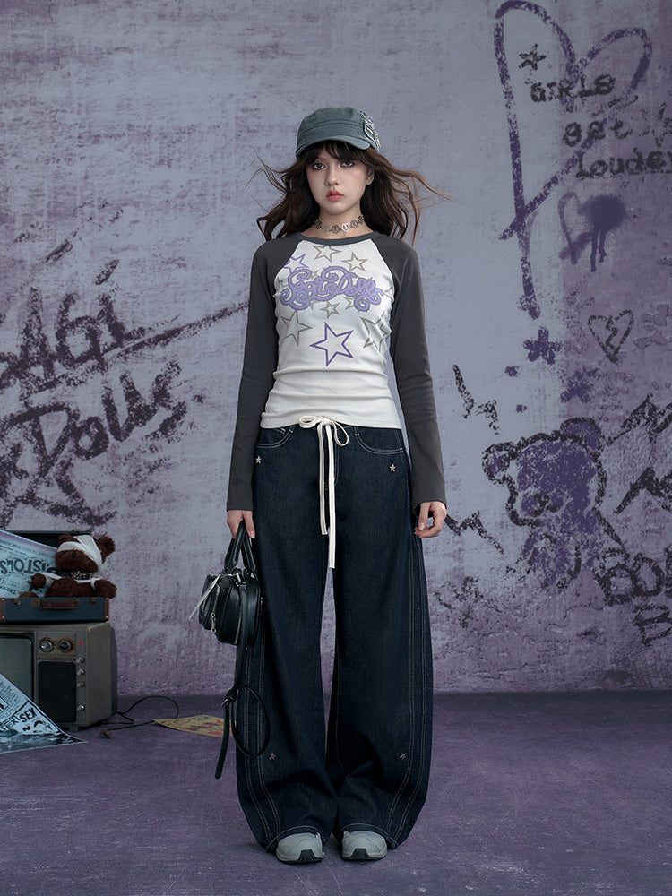 Street cool Y2K star print long-sleeve top – Juwas