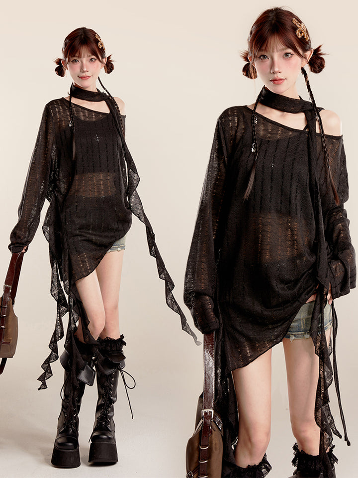 Black/Beige Long Sleeve Knitted Sun Protection Cardigan Summer