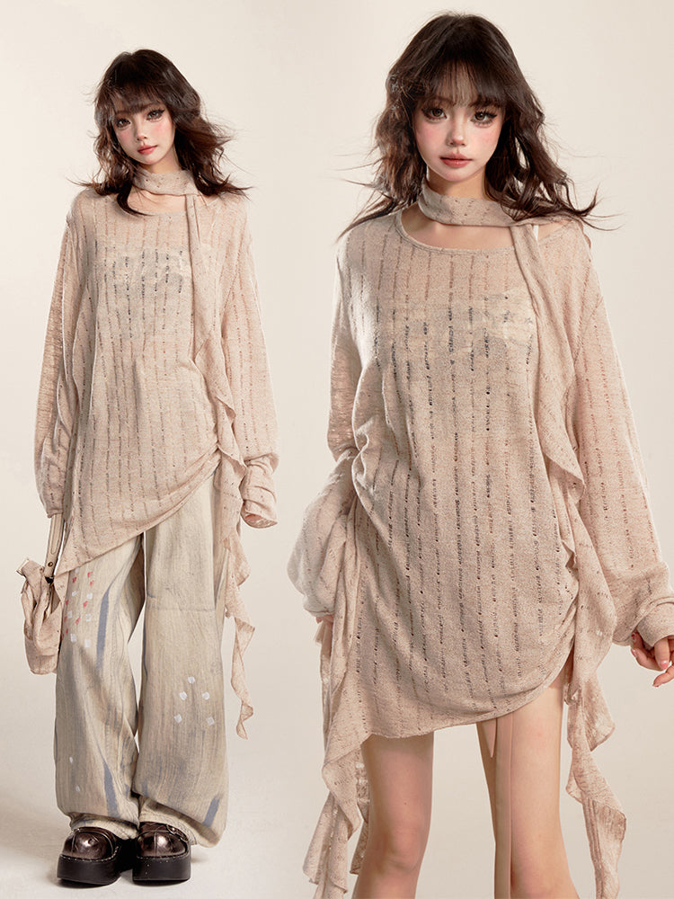 Black/Beige Long Sleeve Knitted Sun Protection Cardigan Summer