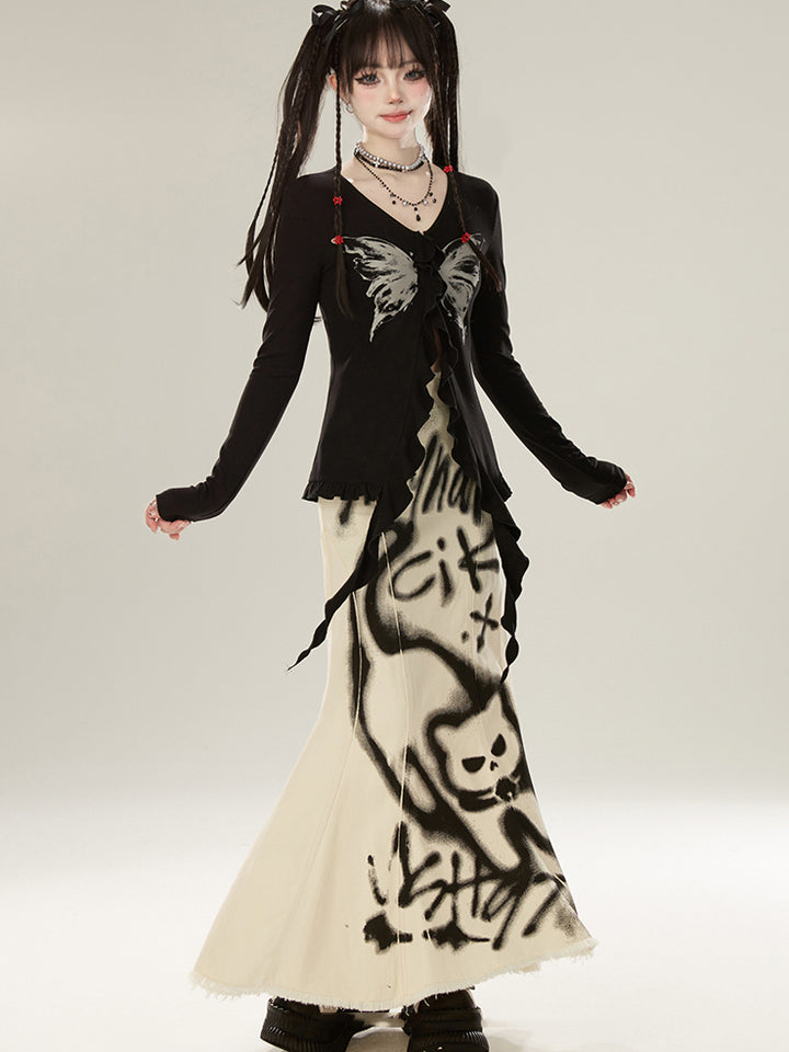 Black Y2K Butterfly Print Top