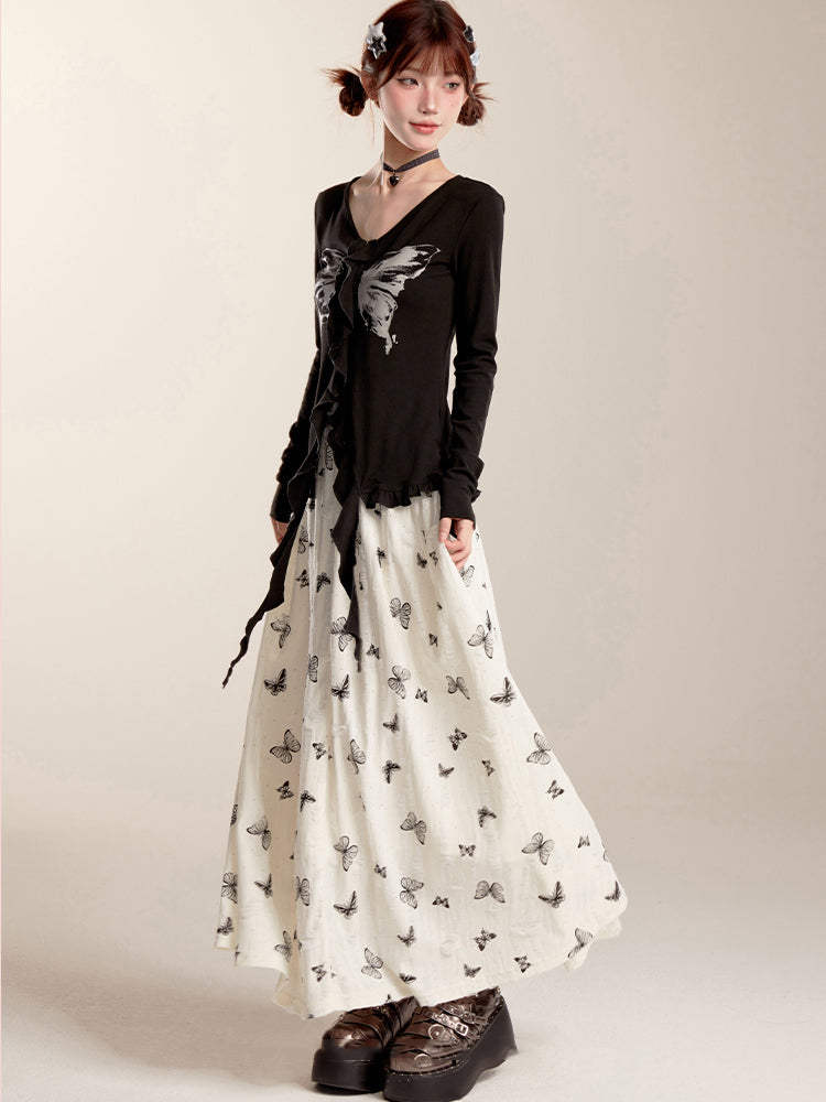 Black Y2K Butterfly Print Top