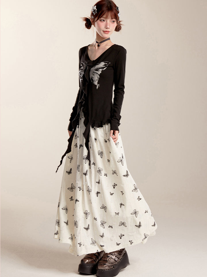 Black Y2K Butterfly Print Top